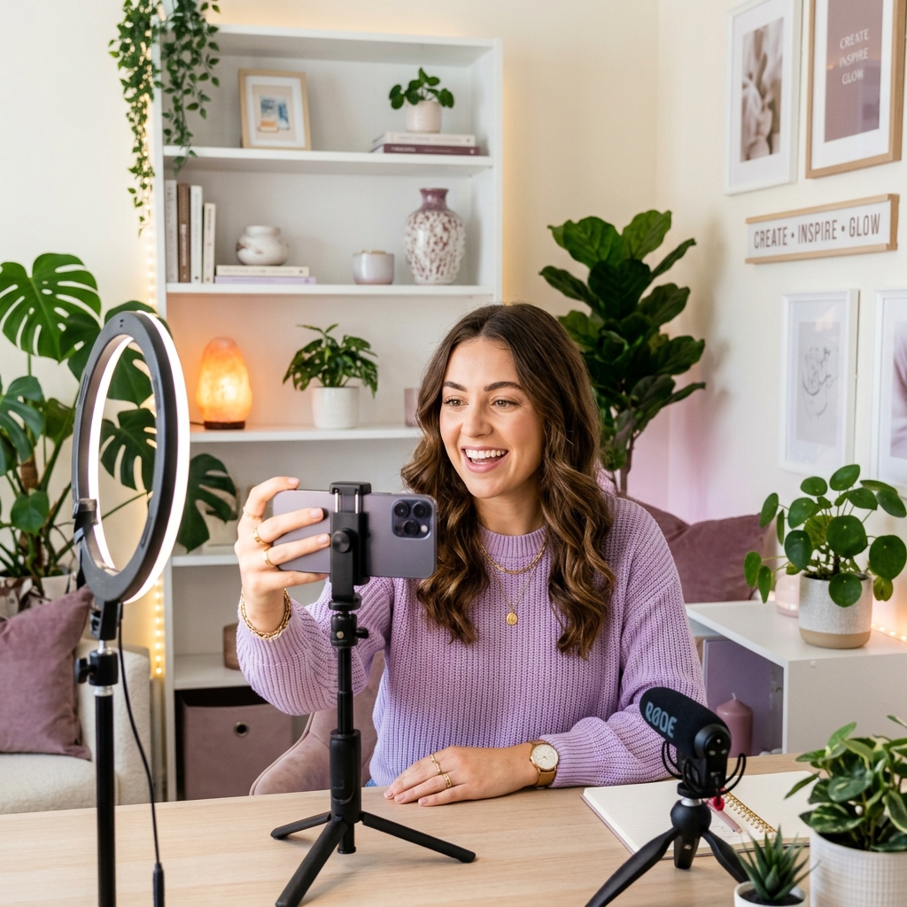 Professional content creator setting up a video recording with a ring light